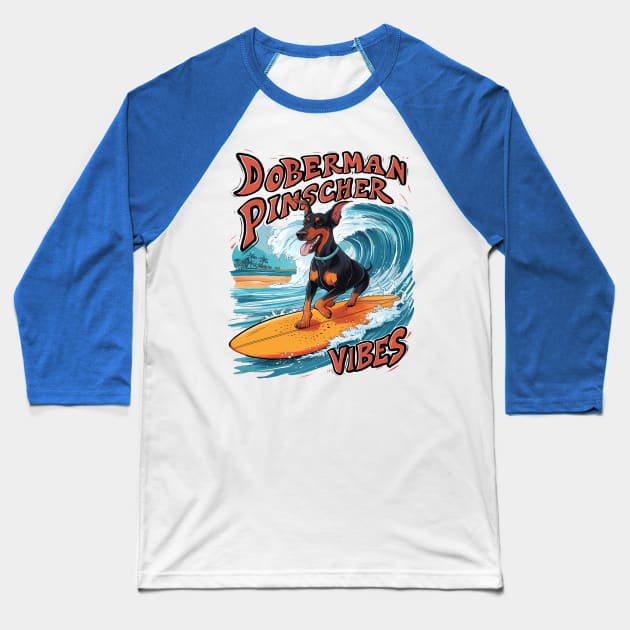 Surfing Doberman Pinscher Riding Tropical Wave Baseball T-Shirt by coollooks